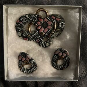 Unique Vintage 90s Ceramic Ulla Winblad-Hjeqvist Brooch/pendant and Earring set